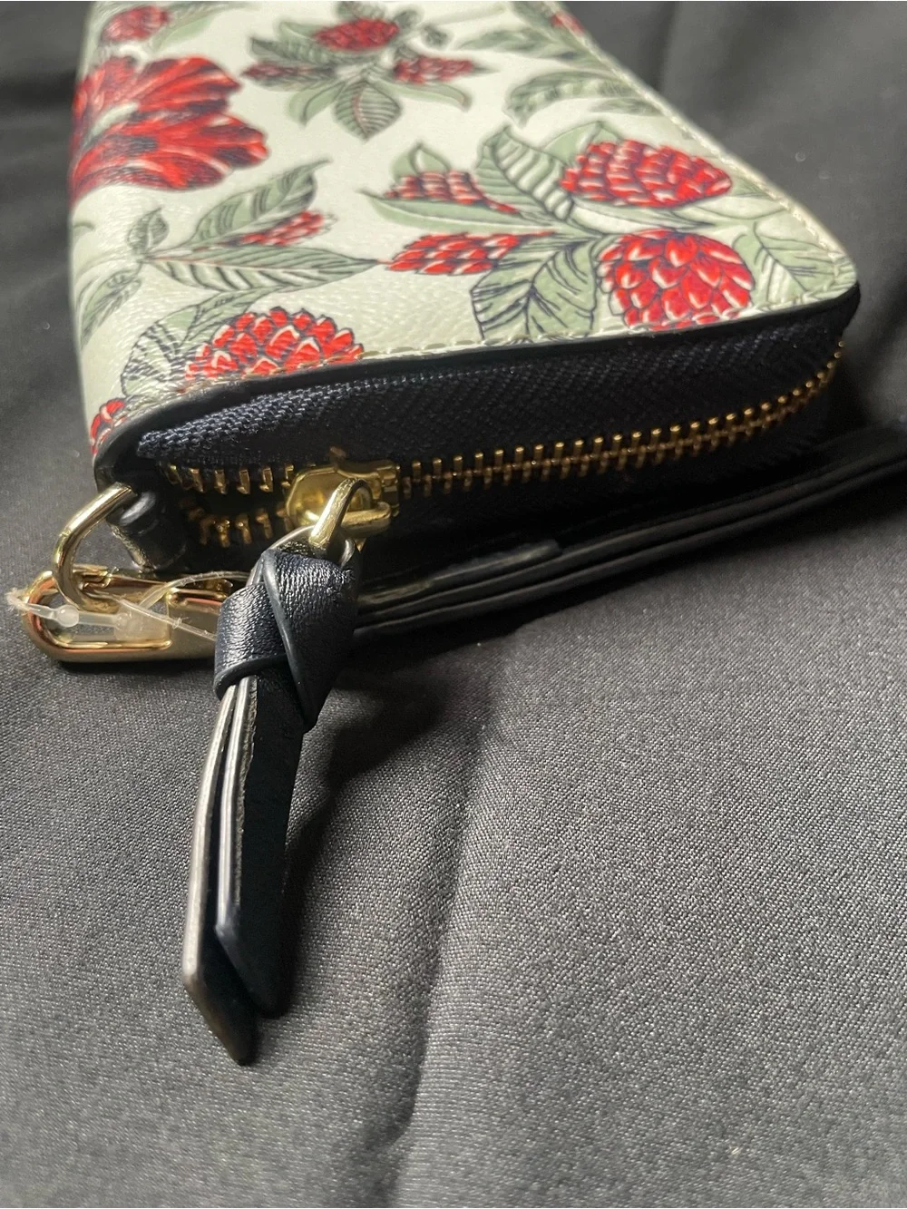 Tory Burch Cream Floral Leather Wristlet with Red Print